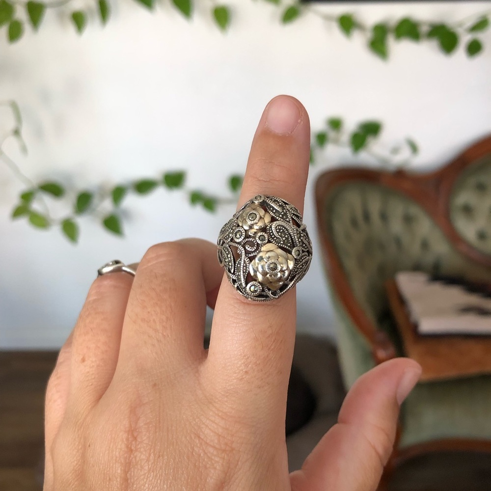 Chunky Vintage Sterling Silver Fairy Flower Ring